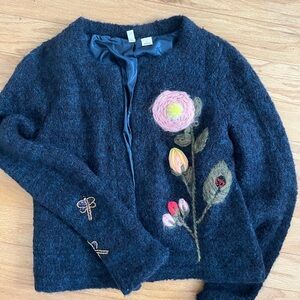 Super unique blue wool cardigan with beaded/stitched detailing! Size small